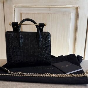 Strathberry Black Croc-Embossed Structured NANO Satchel with Gold Hardware